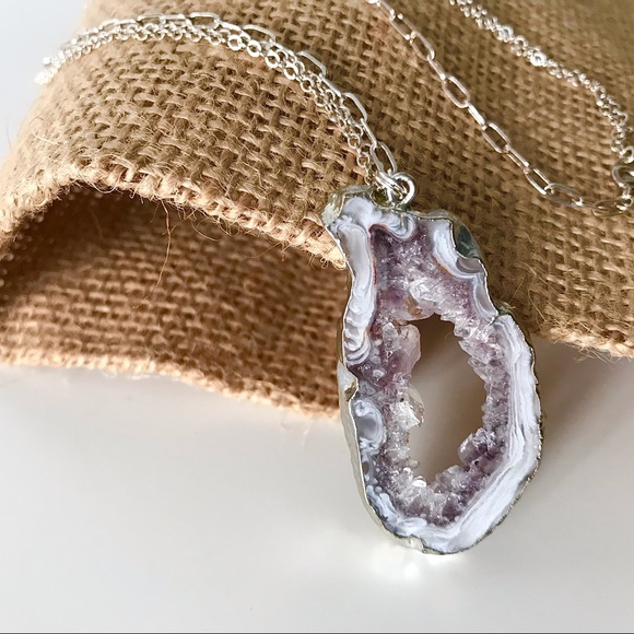 NEW Artisan Lavender Quartz Stone Slice Pendant on Sterling Silver Chain - Picture 6 of 13